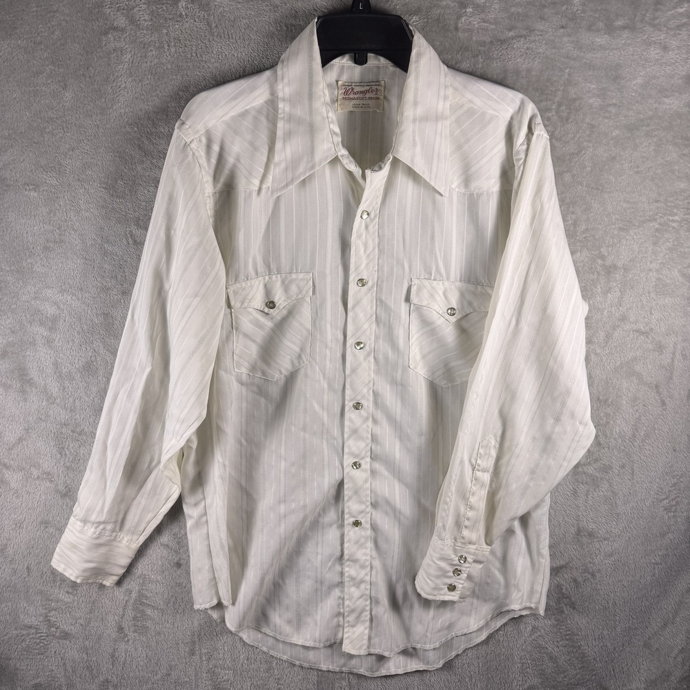 Vintage Wrangler Shirt Mens Large White Western Pearl Snap Long Sleeve USA